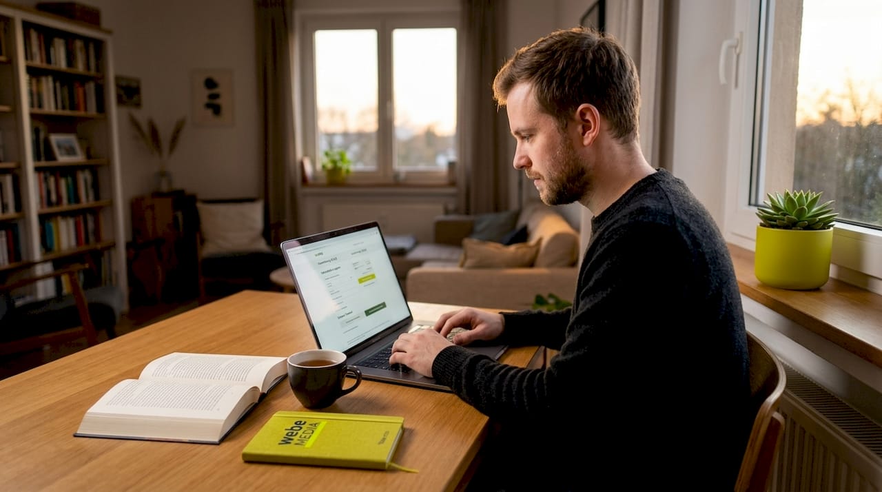 Eine Kundin schließt gerade ihren Online-Einkauf am Küchentisch ab.