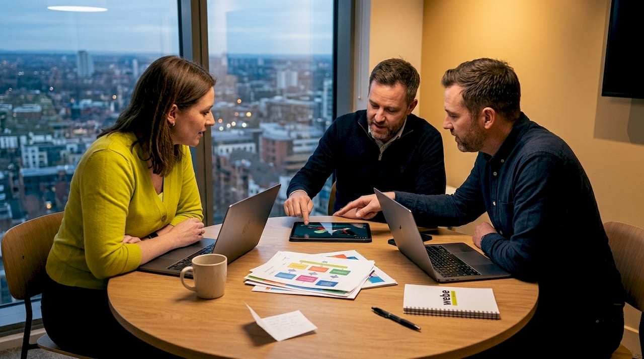 Das Team diskutiert gemeinsam am Glastisch die geplante Marketinganimation.