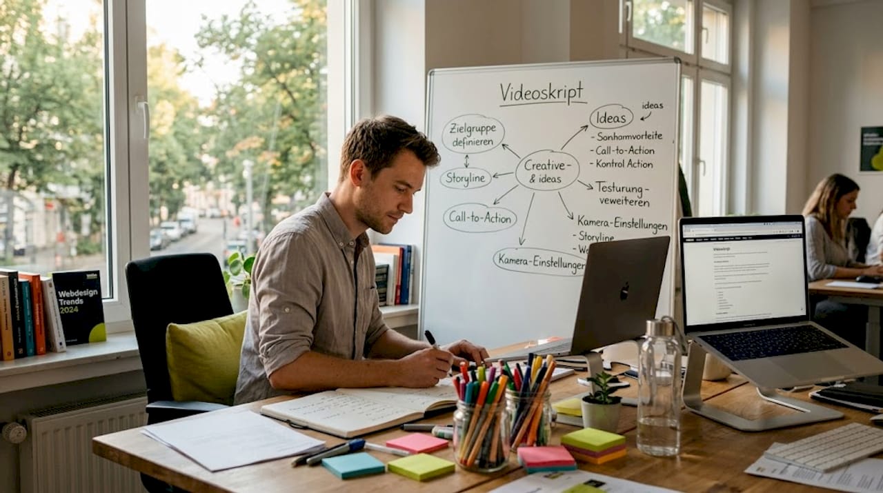 Ein Profi entwickelt am Schreibtisch kreative Videokonzeptionen.