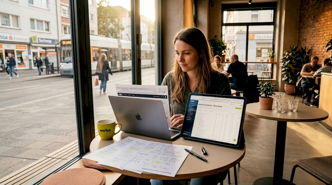 Eine Frau wertet in ihrem Homeoffice SEO-Daten aus.