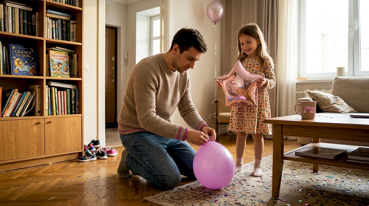 Папа и дочка держат в руках воздушные шарики из латекса и фольги