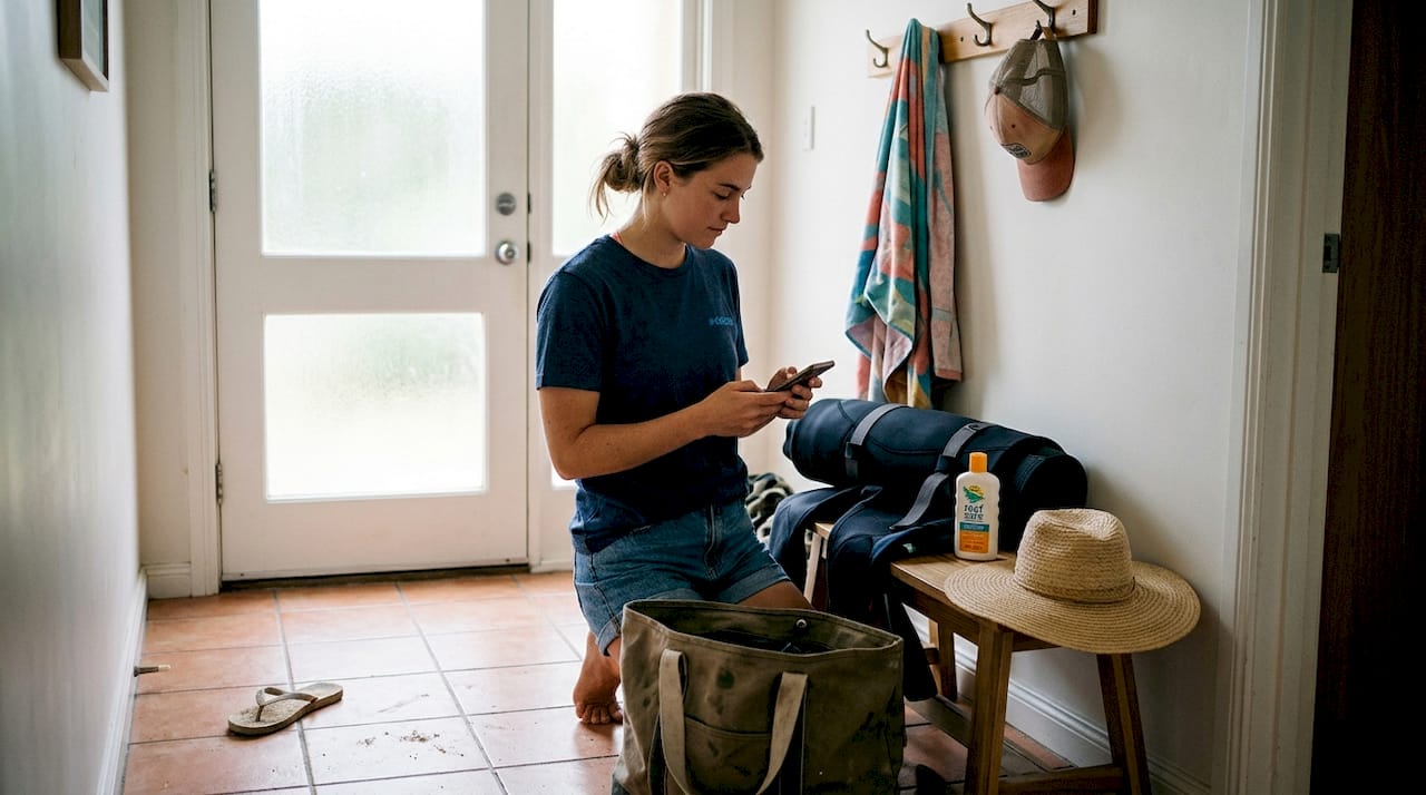 Woman packing wetsuit and surf essentials