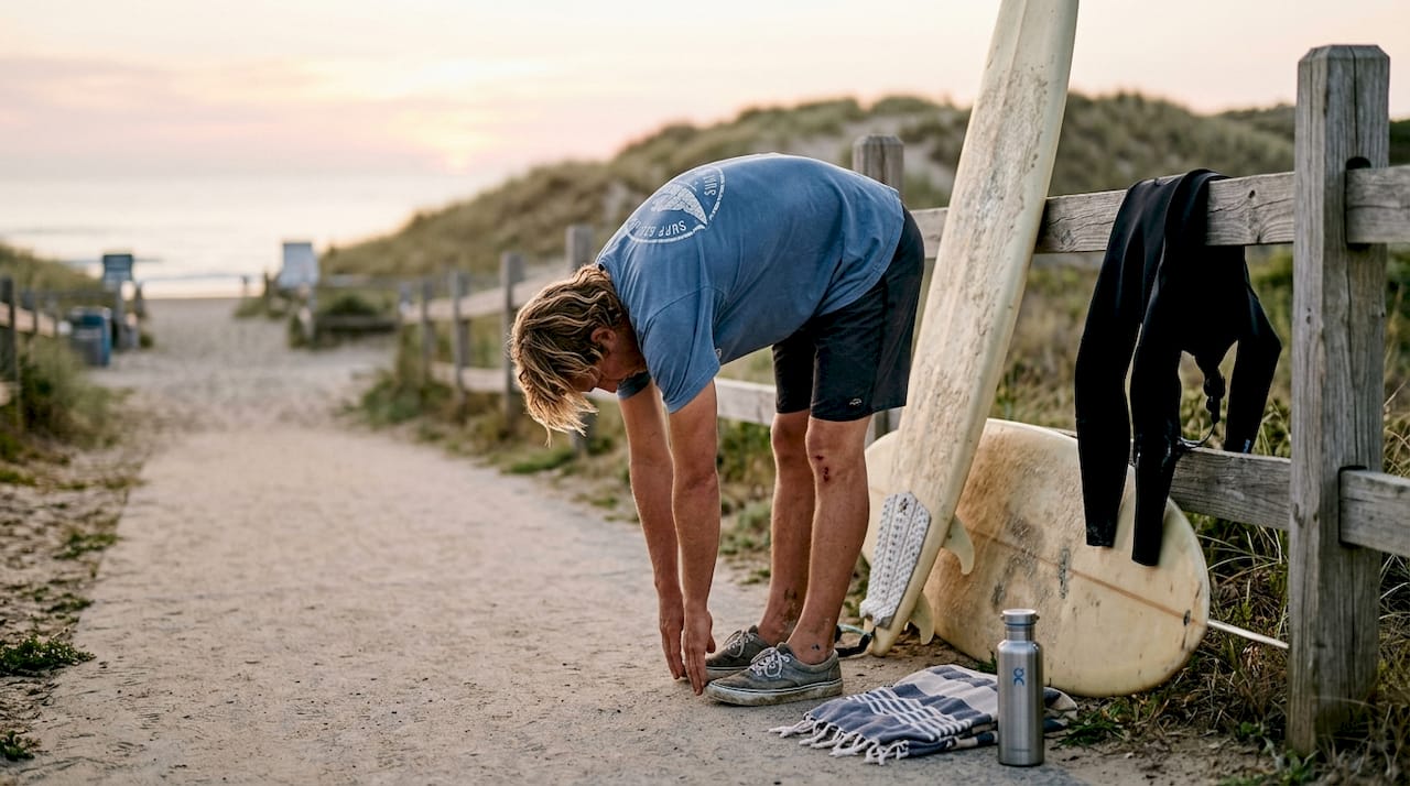 Surf instructor stretching at beach entrance