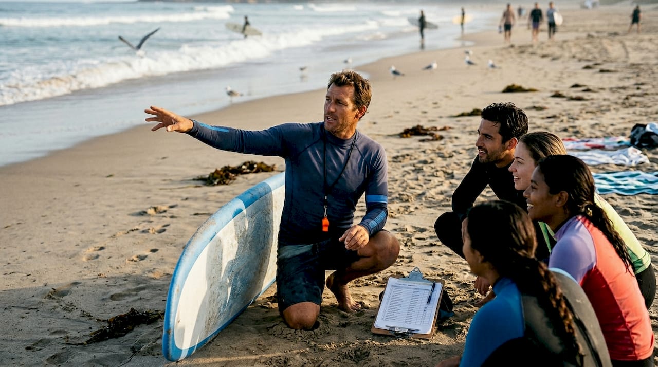 Instructor teaching group ocean safety on beach