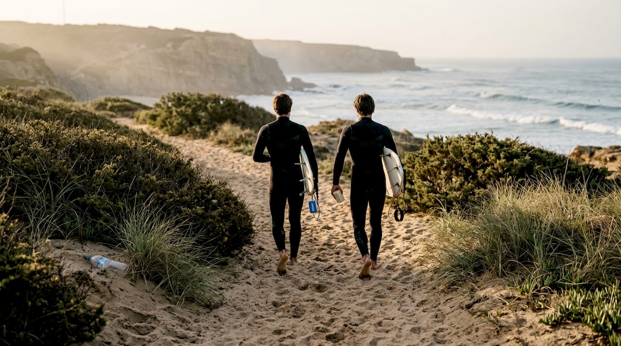 Local surfers walk to Portuguese beach at dawn