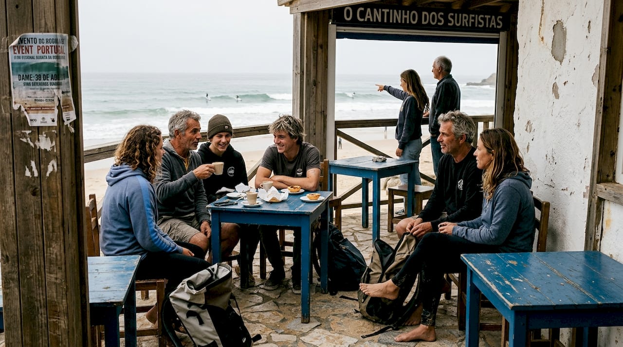 Surfers socializing at Portuguese beach café