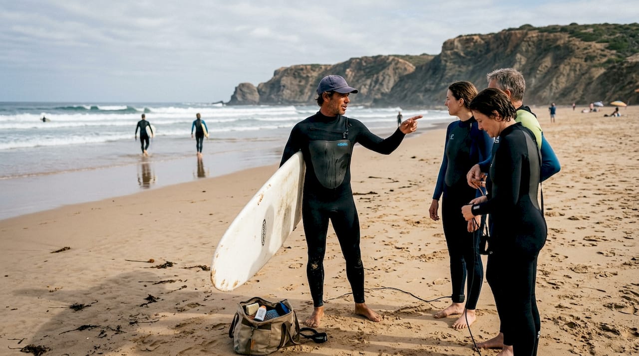 Surf instructor guiding beginners at beach
