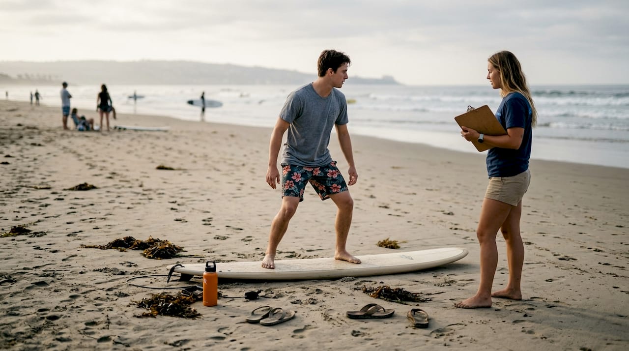 Surfer practicing stance with instructor nearby