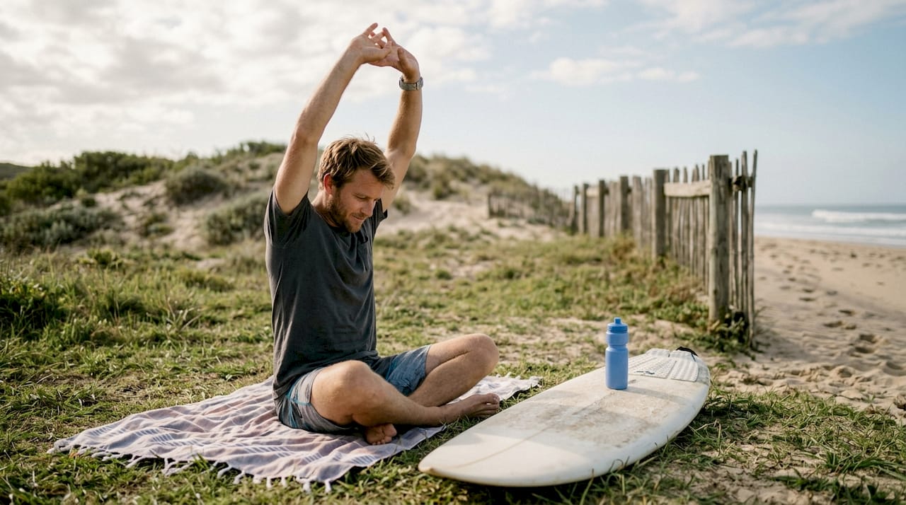 Surfer stretching and preparing before session
