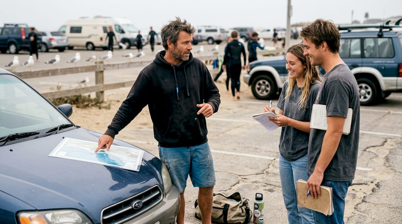 Surf instructor reviews Portugal surf map with students
