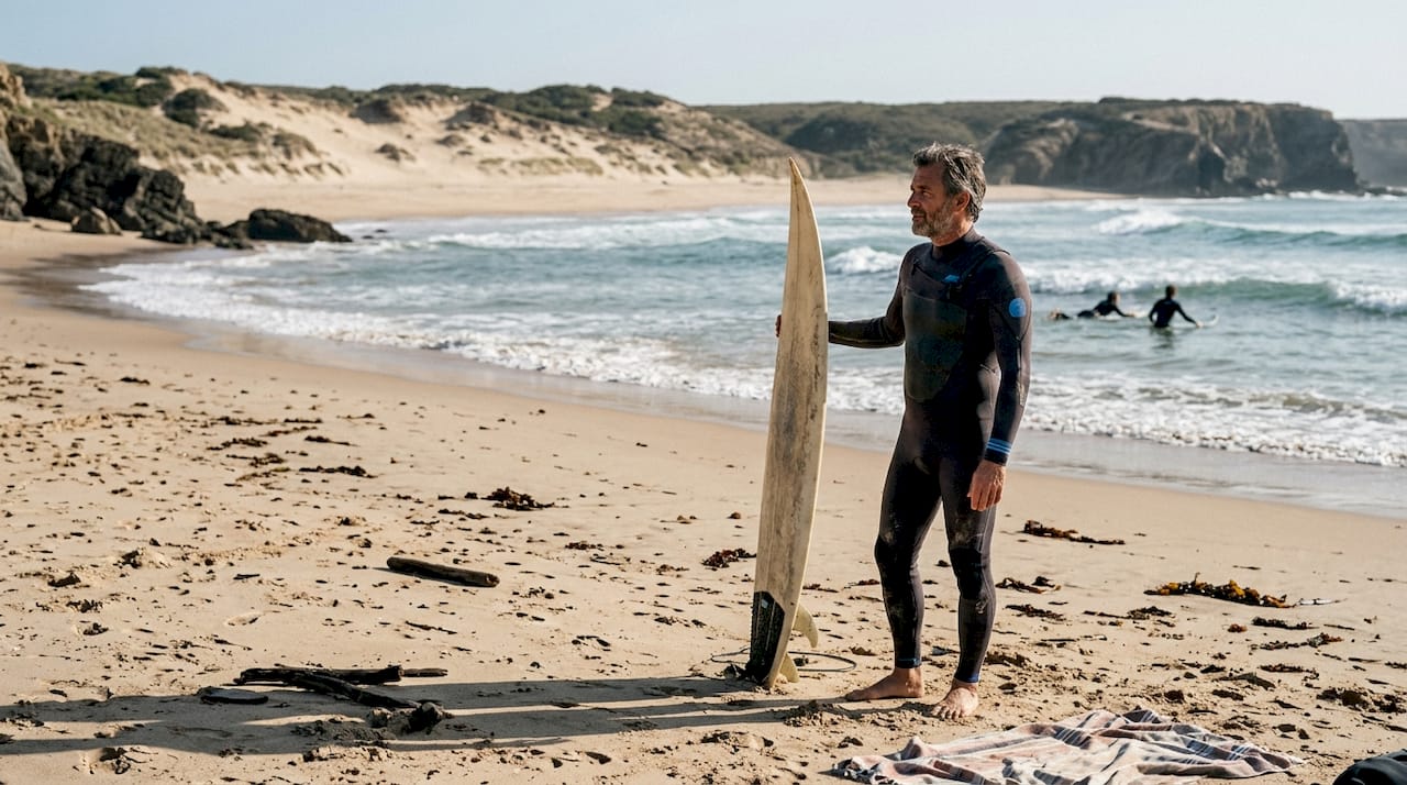 Surfer observing Portugal beach break waves