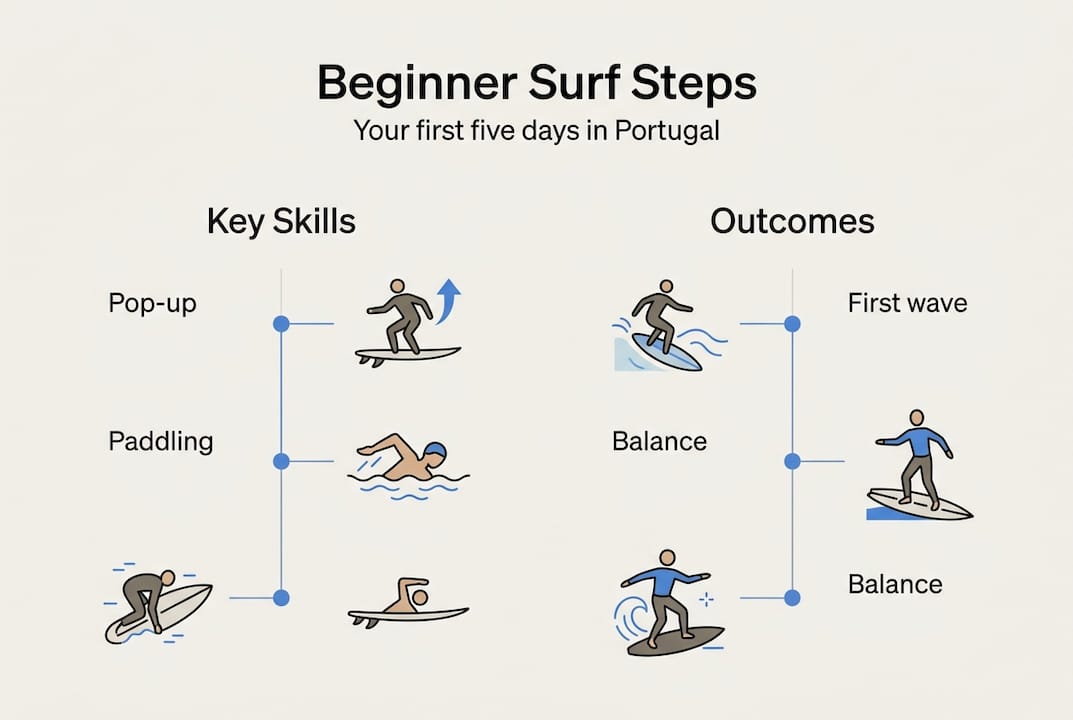 Beginner surfing steps infographic with skills and outcomes