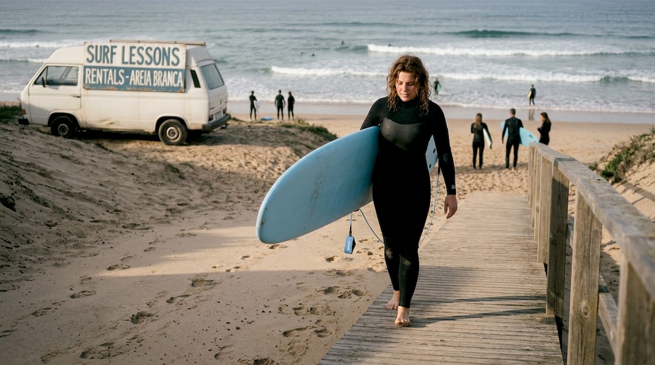 Beginner surfer walking to Portugal beach