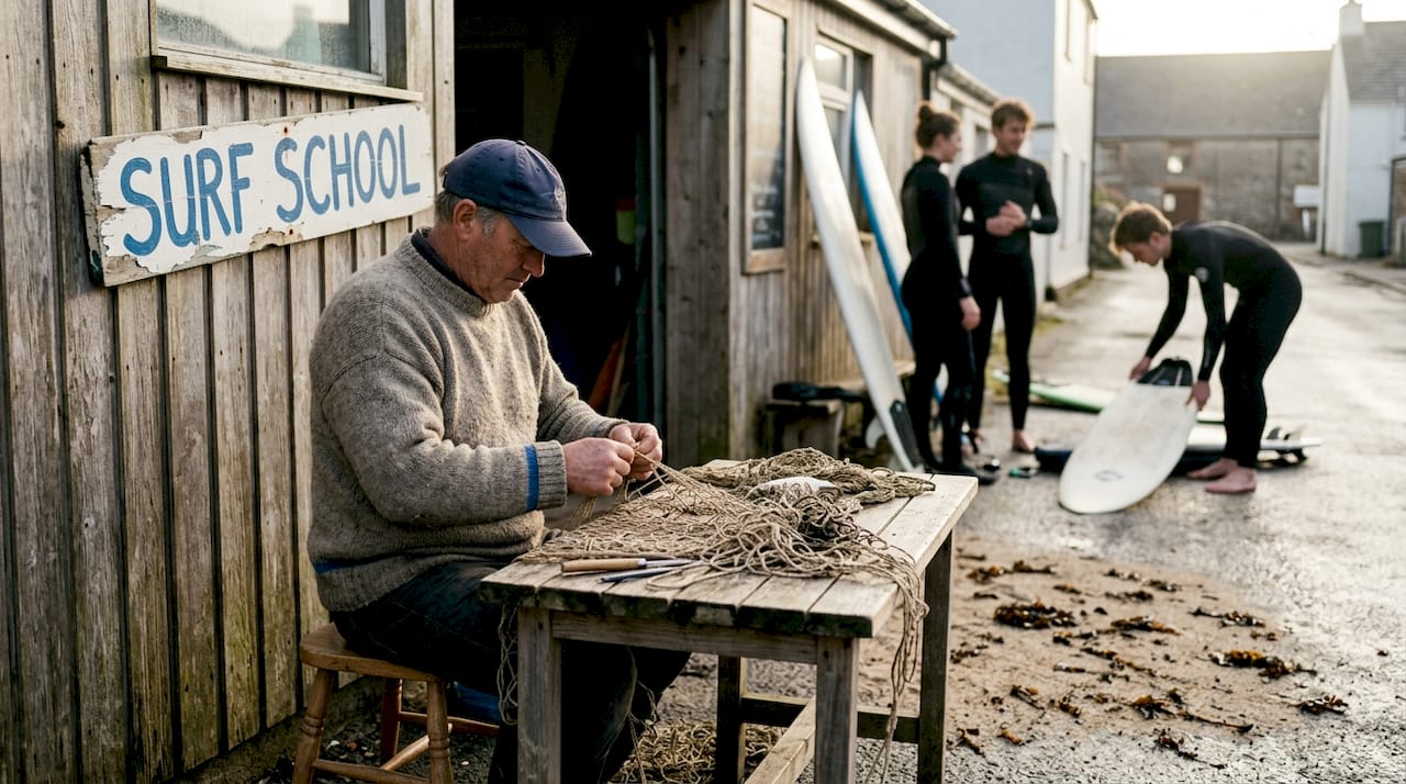Fisherman and surfers in Portuguese surf town