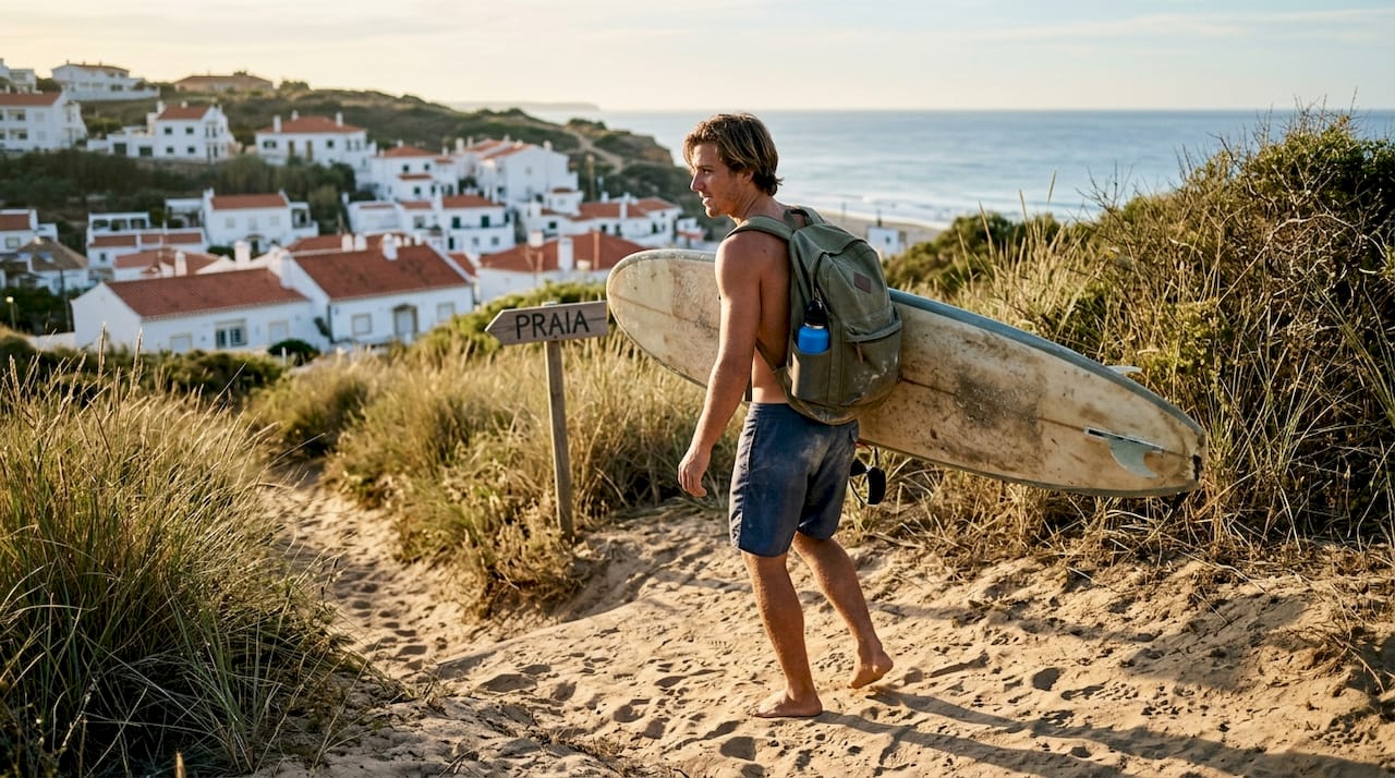 Surfer carrying board on coastal path