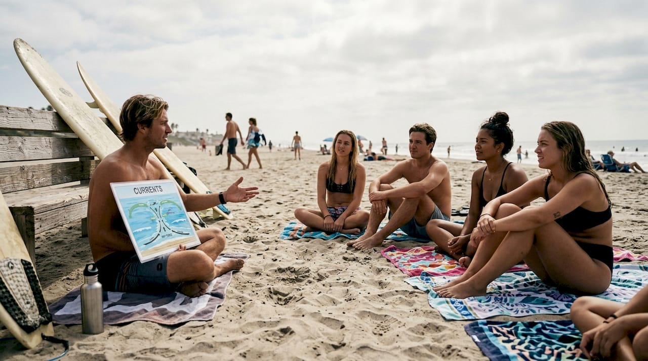 Surf students listening to safety briefing outdoors