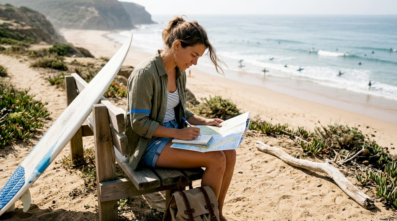 Traveler planning surf day Portugal beach