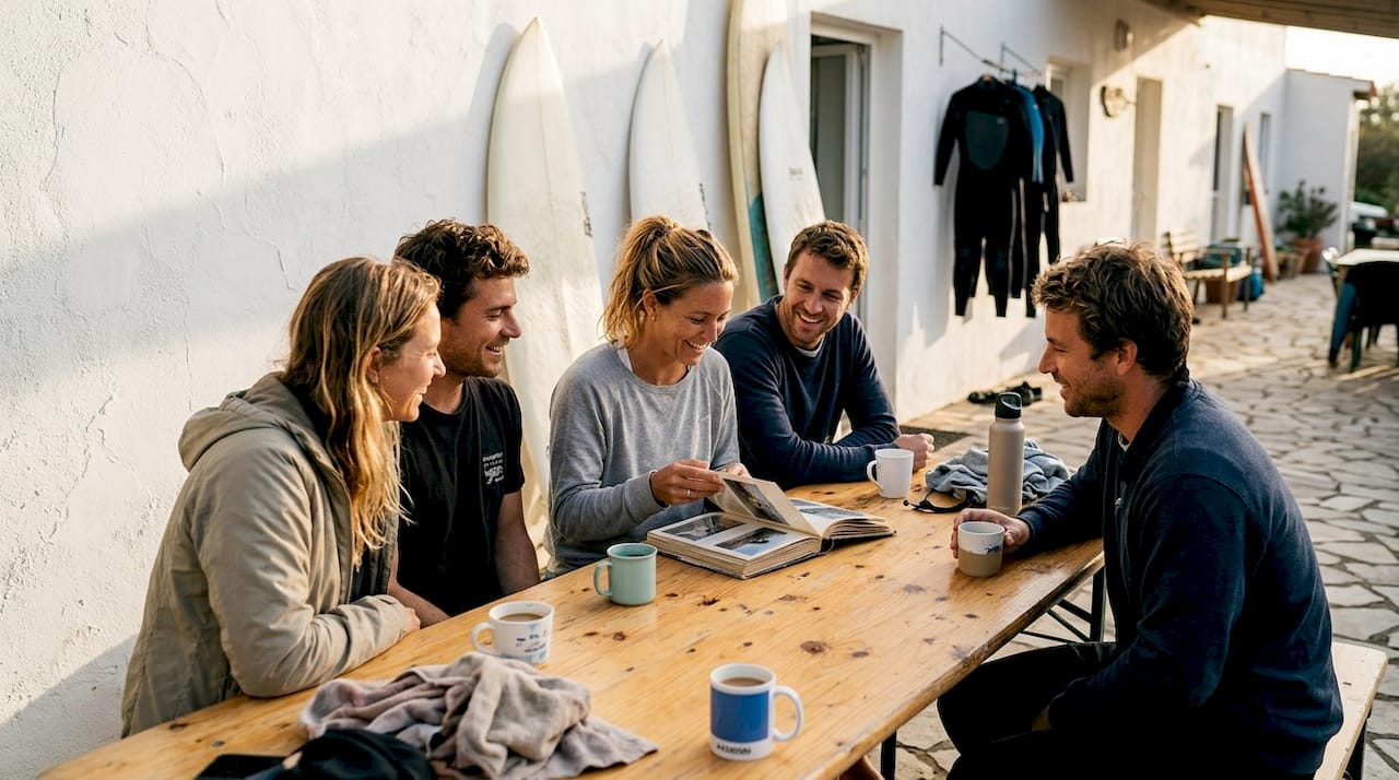 Surf students viewing camp photo gallery outdoors