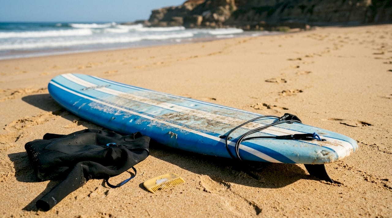 Soft-top longboard surfboard with wetsuit and leash