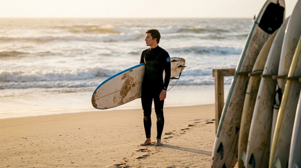 Beginner surfer with foam board on Portuguese beach