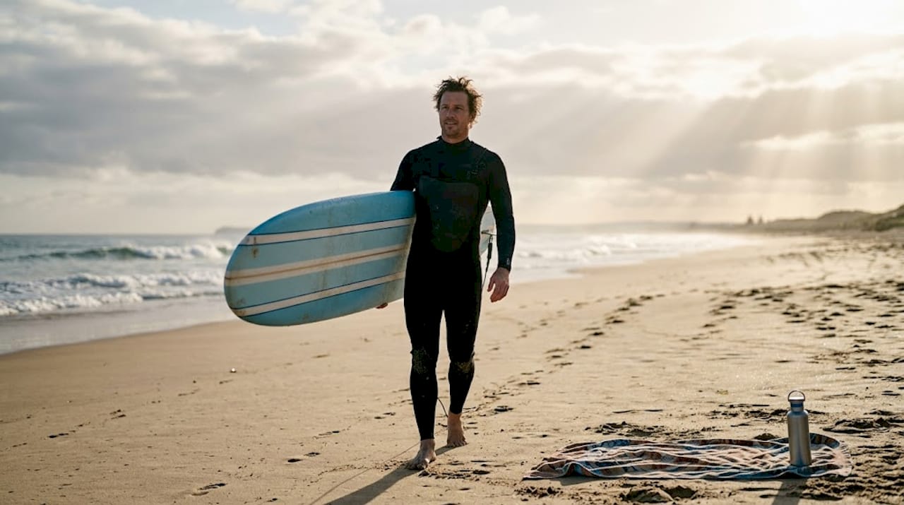 Beginner surfer carrying board on quiet beach