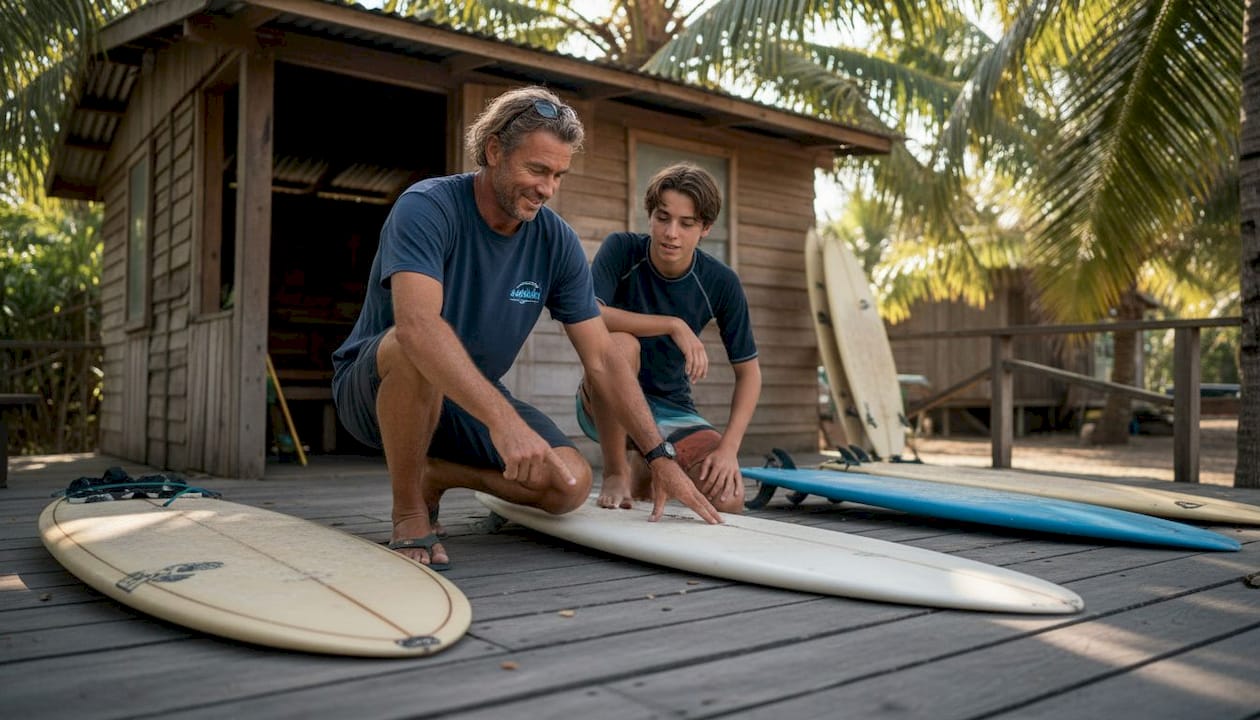 Surf coach comparing boards of different sizes