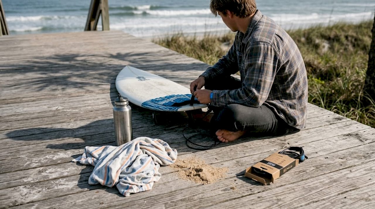 Beginner attaching surf leash on boardwalk