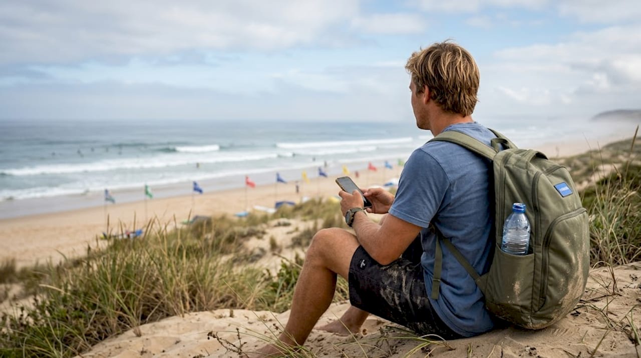 Surfer checking conditions by Portuguese beach