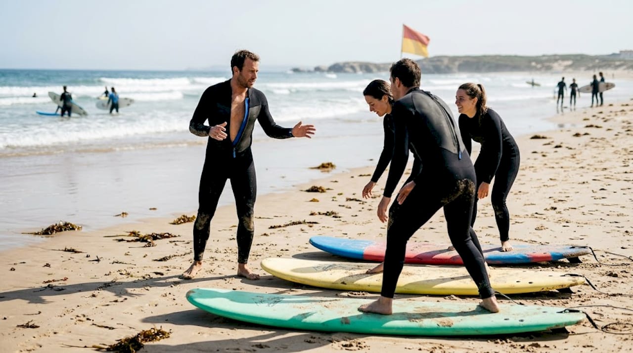 Surf instructor guiding beginners on Portugal beach