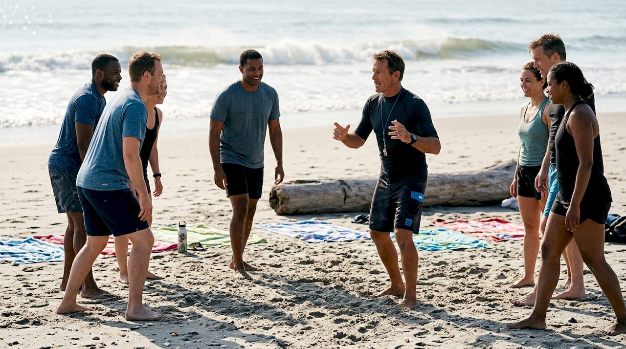 Adult surf lesson with group on beach