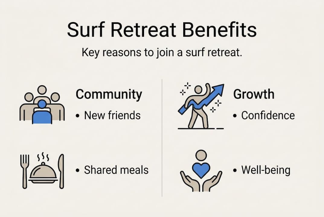 Infographic showing surf retreat community and growth benefits