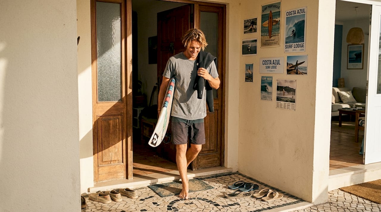 Surfer entering Portugal surf lodge at sunrise