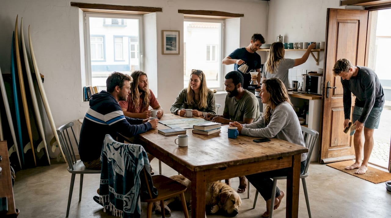 Guests socializing in communal surf lodge lounge