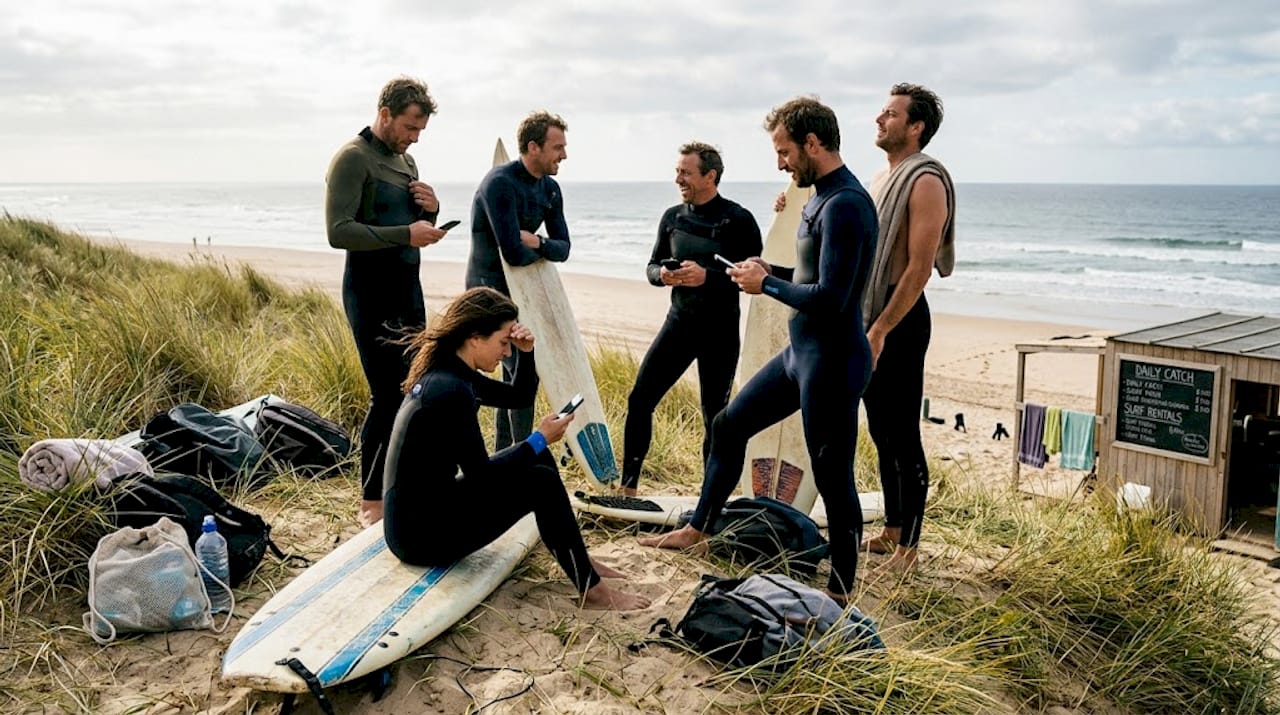 Surfers checking reviews on Portugal beach dune