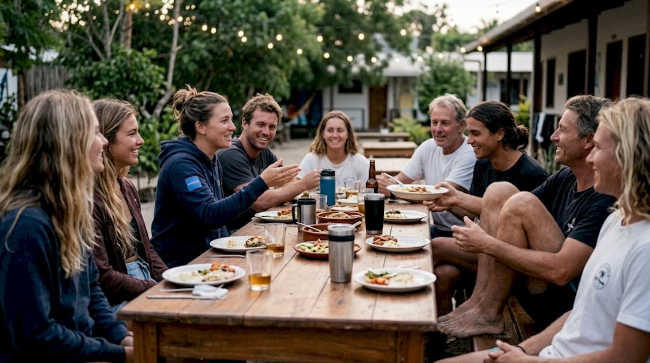 Surf camp guests sharing a communal dinner outdoors