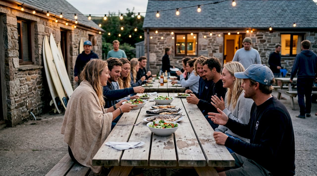 Surf campers sharing dinner outdoors in courtyard