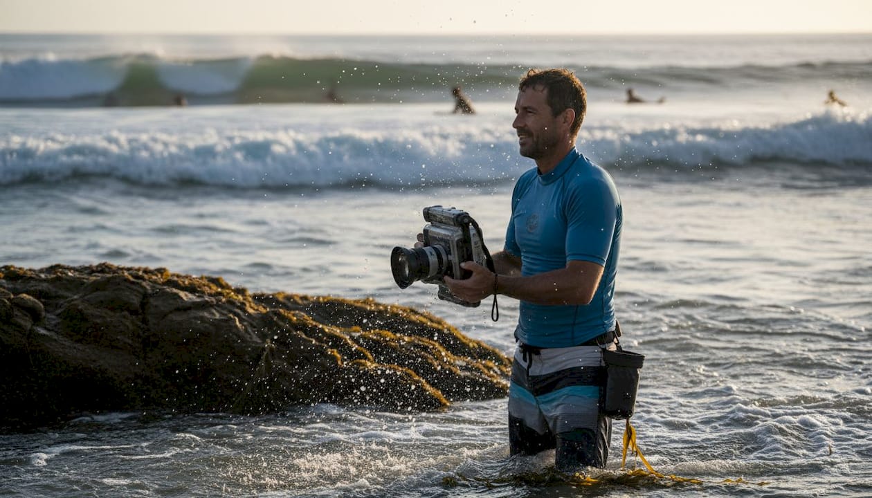 Photographer waiting in water with camera housing