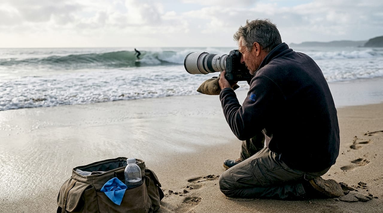 Surf photographer kneeling, capturing beach action
