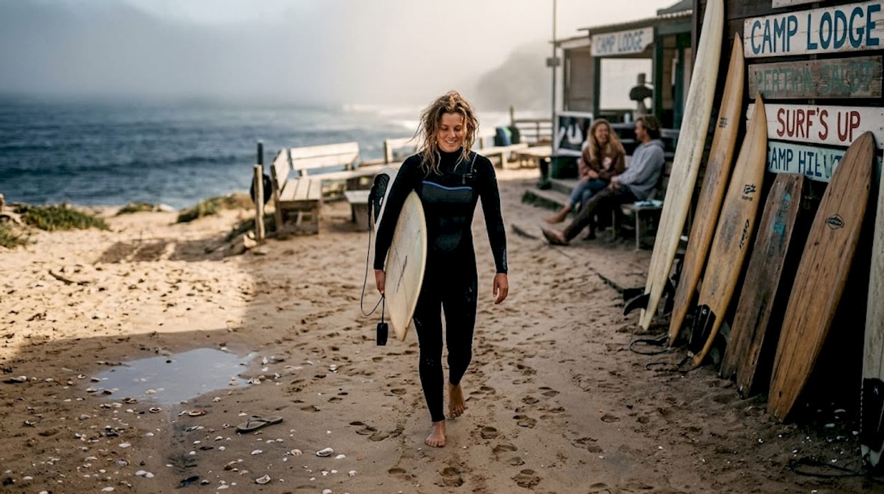 Surfer arriving at Portuguese beach surf camp
