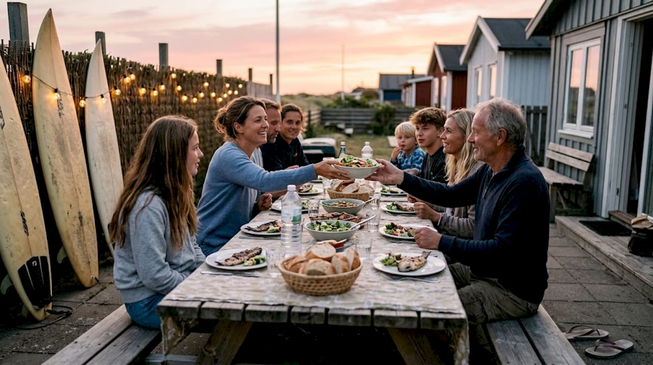Surf camp group sharing outdoor communal meal