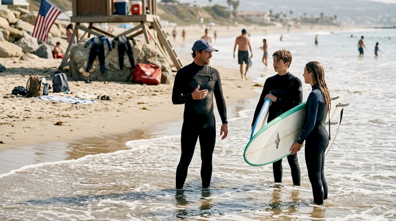 Surf instructor teaching safety on beach