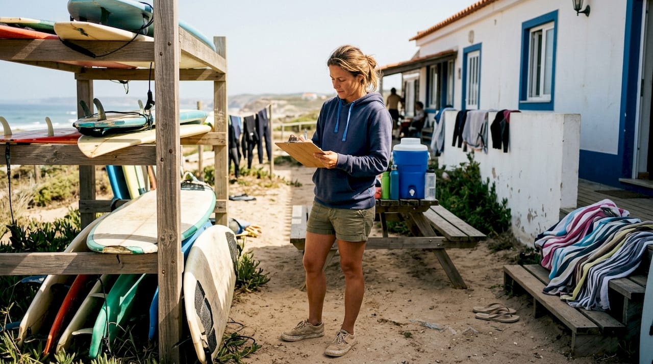 Surf camp coordinator organizing Portugal camp logistics