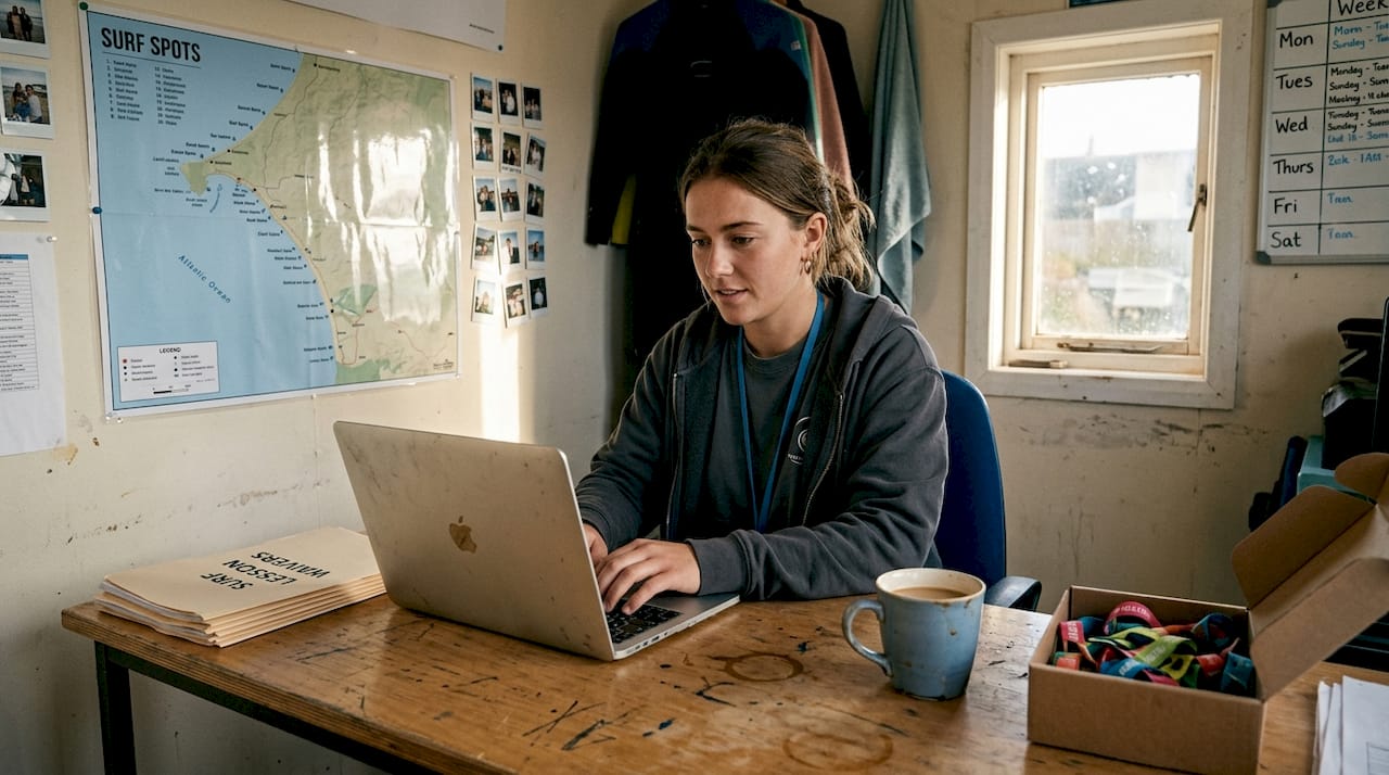 Surf camp receptionist using booking platform