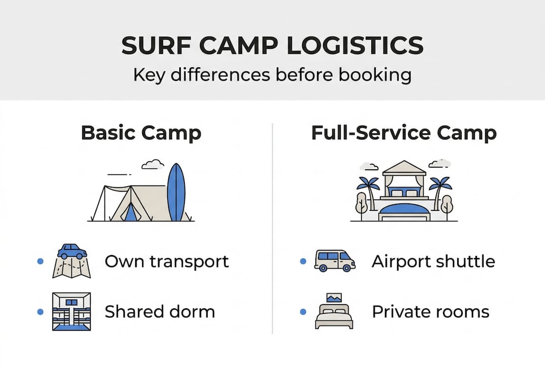Infographic comparing surf camp logistics features