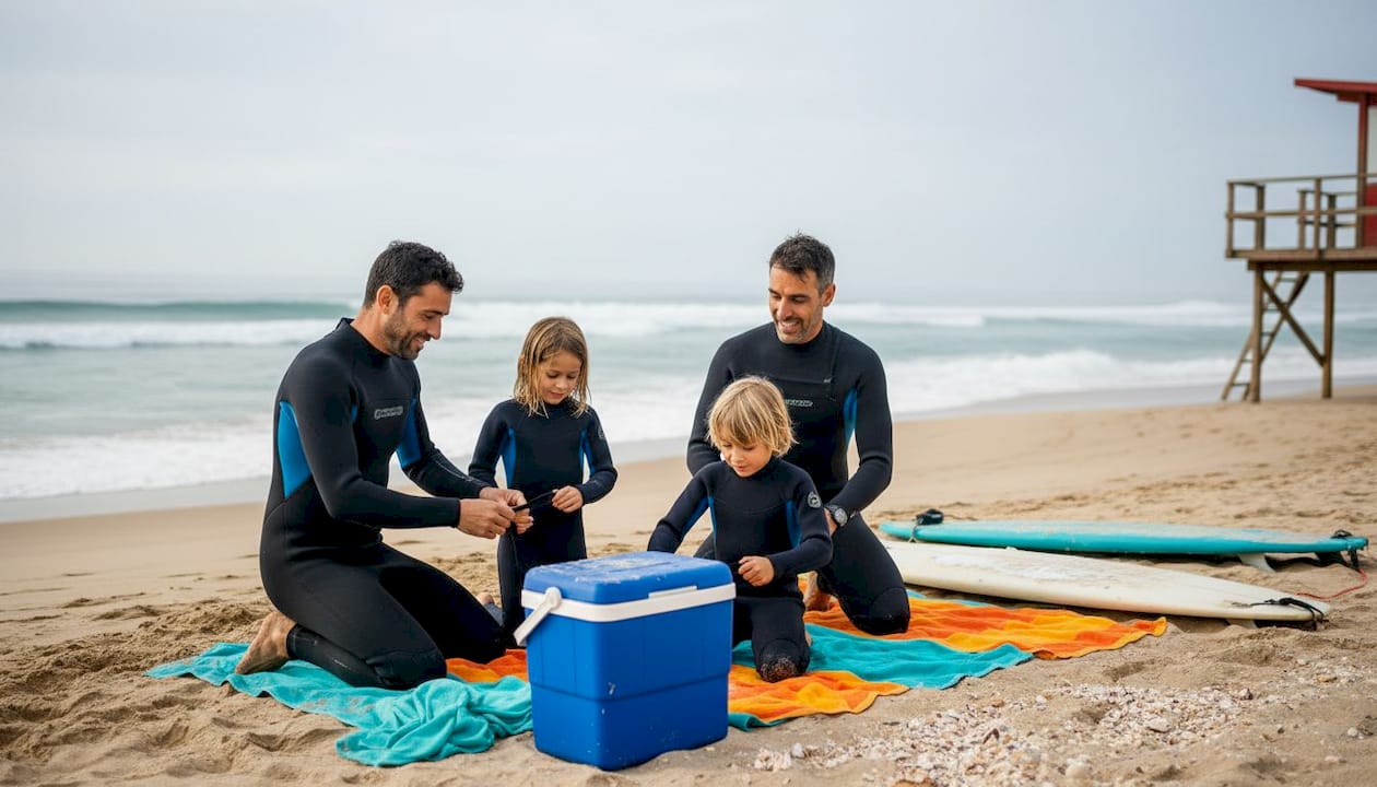 Family prepares surfboards on Portugal beach