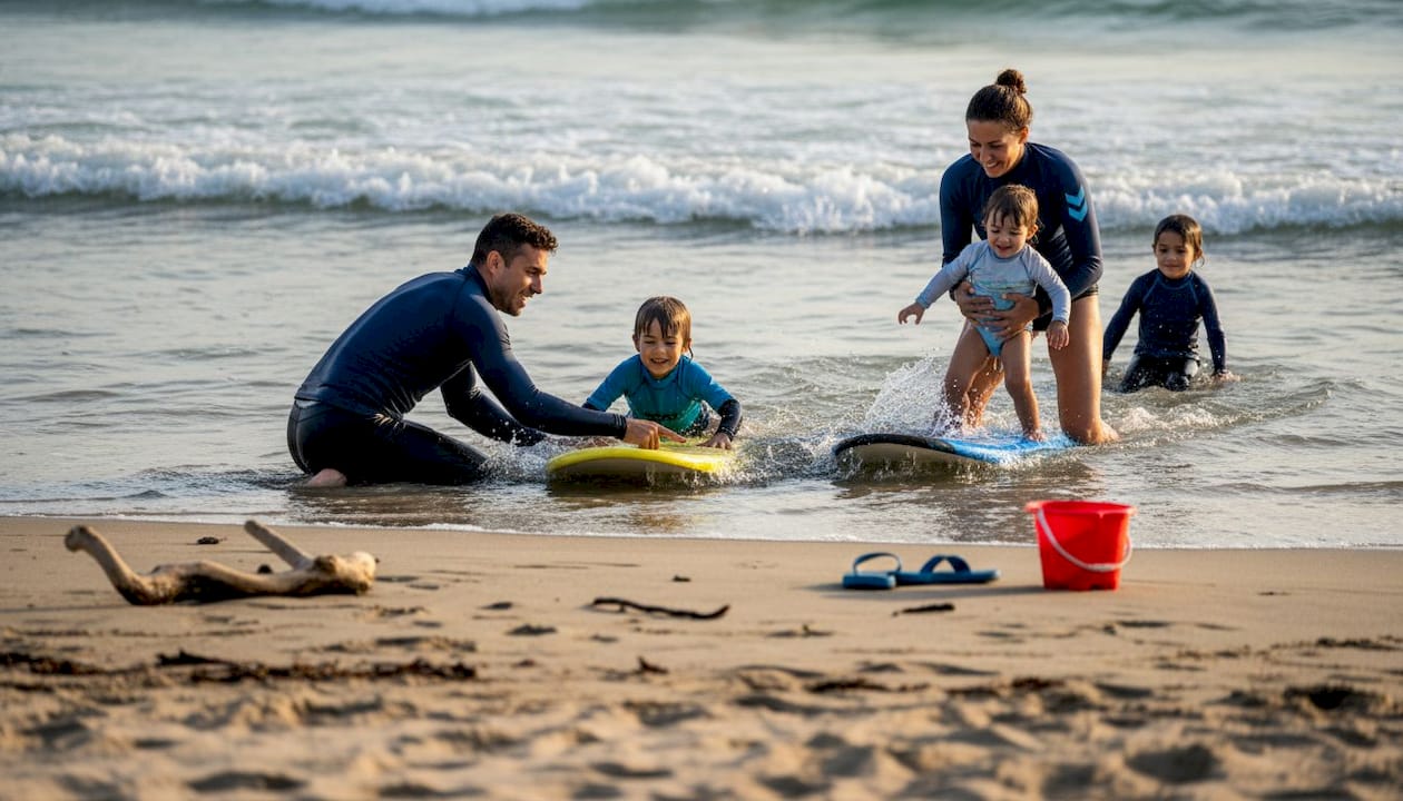 Group surf lesson with kids and parents