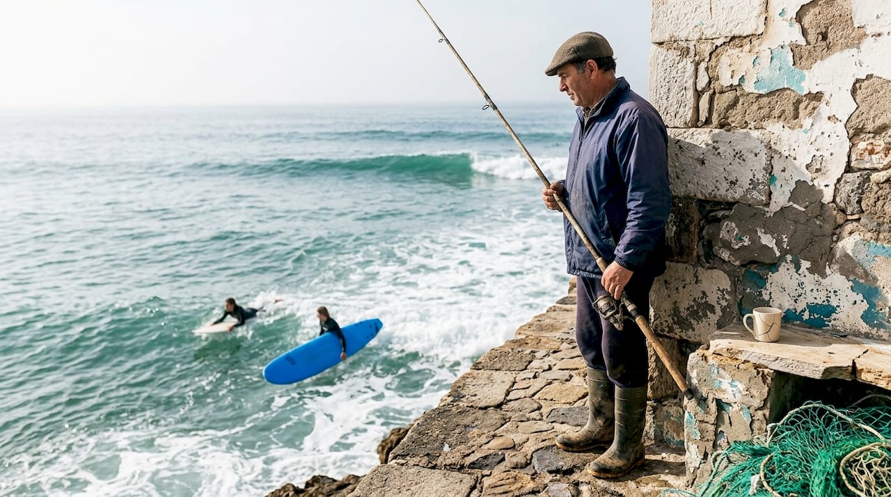 Fisherman overlooking surf break in Portugal