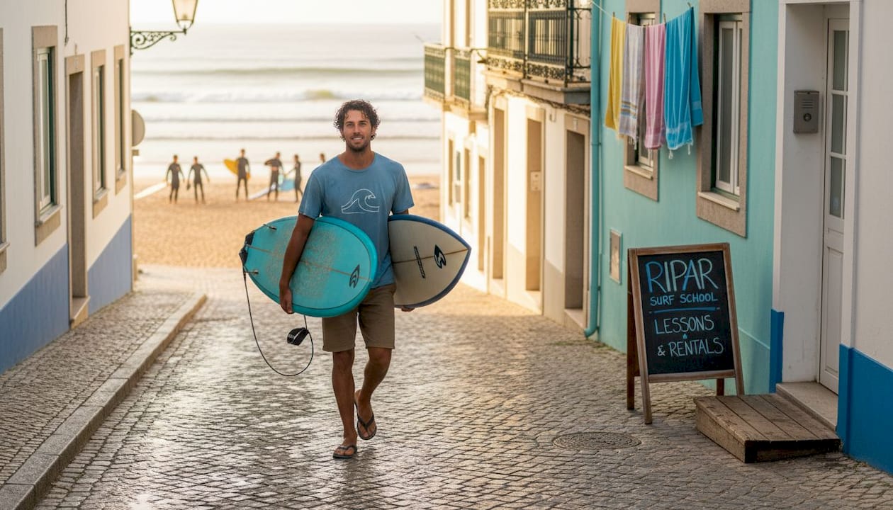 Surf instructor carrying boards in Portuguese village