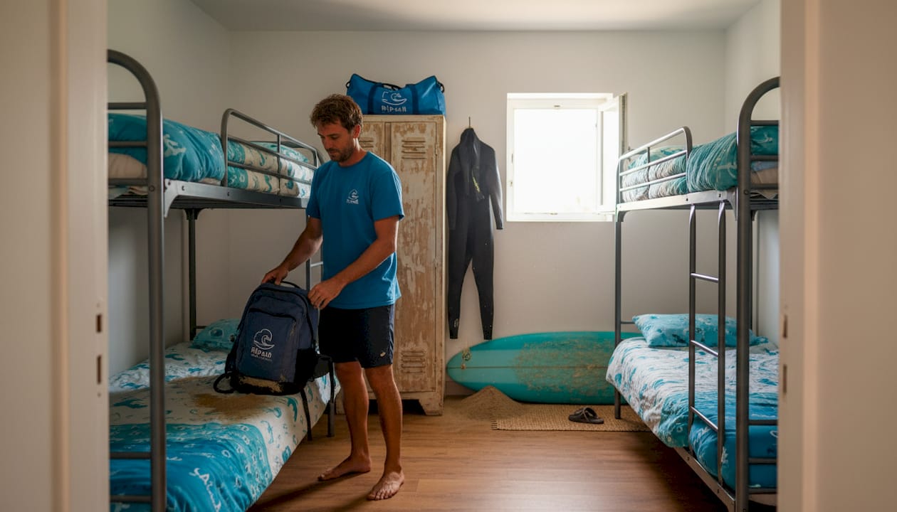 Surf camp dorm room with bunk beds and gear