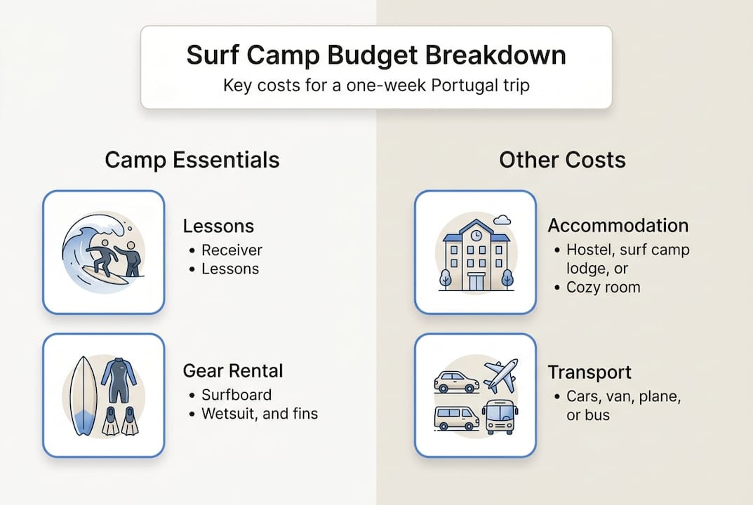 Infographic with Portugal surf camp budget categories